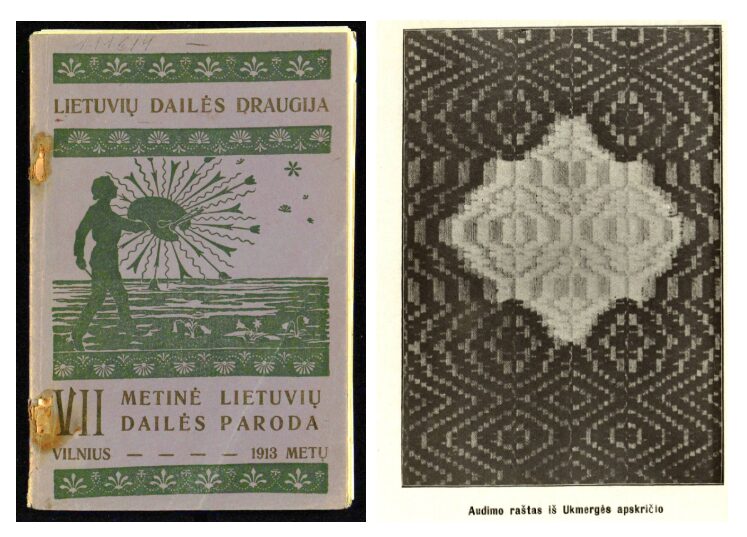 2 a–b pav. a. Katalogo viršelis ir audimo rašto iliustracijos fragmentas. VII metinė lietuvių dailės paroda: katalogas. Vilnius: Lietuvių dailės d-ja, 1913. p. 1, 45 