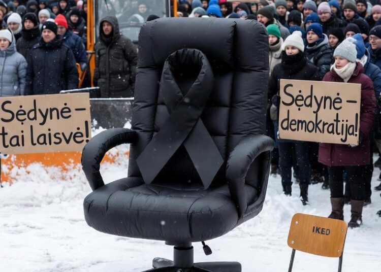 Protesto dalyviai su plakatais prie Seimo, simboliškai vaizduojantys kovą dėl politinių ir institucinių kėdžių.