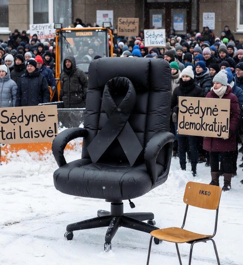 Protesto dalyviai su plakatais prie Seimo, simboliškai vaizduojantys kovą dėl politinių ir institucinių kėdžių.