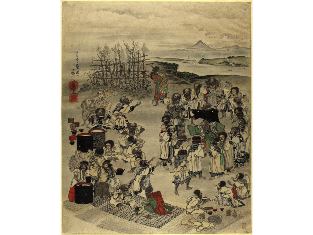 Ainų grupės šoka ir geria priešais „nusa“