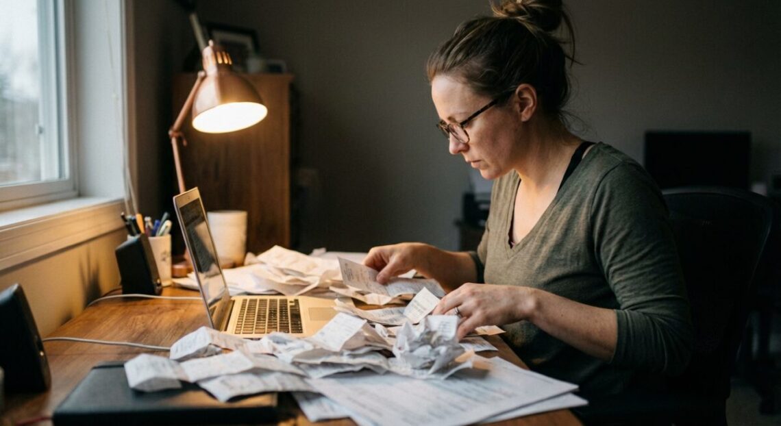 Moteris prie stalo skaičiuoja čekius