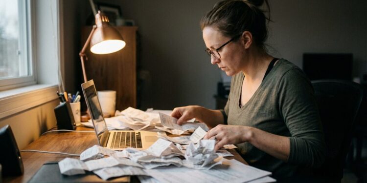 Moteris prie stalo skaičiuoja čekius