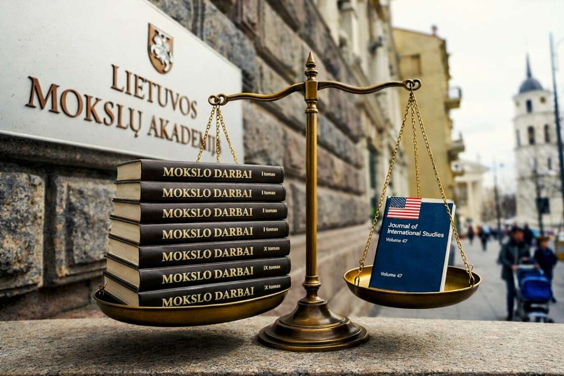 Svarstyklės pusiausvyroje - ant kairės svarstyklių lėkštės 10 lietuviškų knygų, ant dešinės - vienas angliškas žurnalas