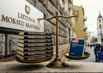 Svarstyklės pusiausvyroje - ant kairės svarstyklių lėkštės 10 lietuviškų knygų, ant dešinės - vienas angliškas žurnalas