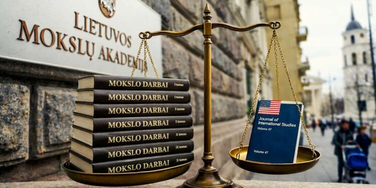 Svarstyklės pusiausvyroje - ant kairės svarstyklių lėkštės 10 lietuviškų knygų, ant dešinės - vienas angliškas žurnalas