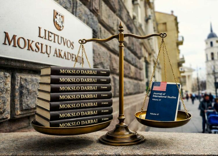 Svarstyklės pusiausvyroje - ant kairės svarstyklių lėkštės 10 lietuviškų knygų, ant dešinės - vienas angliškas žurnalas