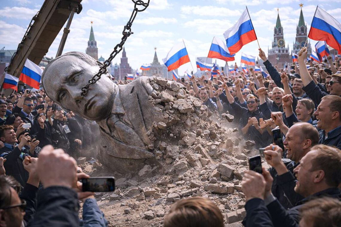 Griaunamas Putino paminklas, minia džiūgauja su Rusijos vėliavomis