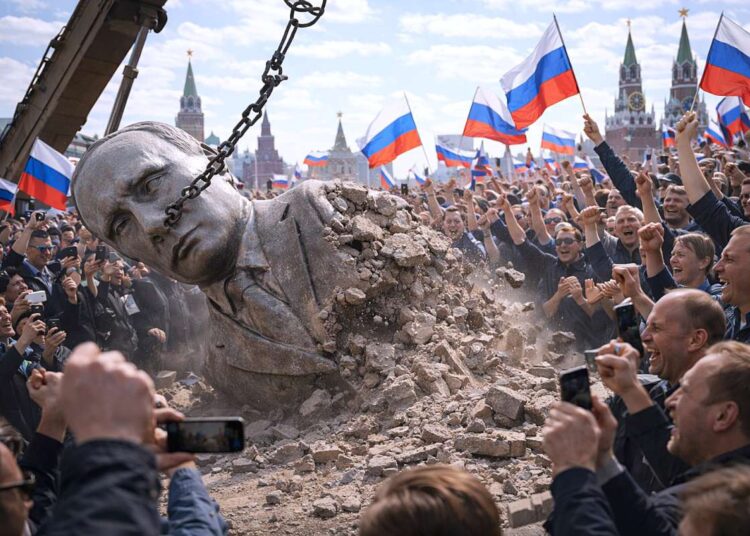 Griaunamas Putino paminklas, minia džiūgauja su Rusijos vėliavomis