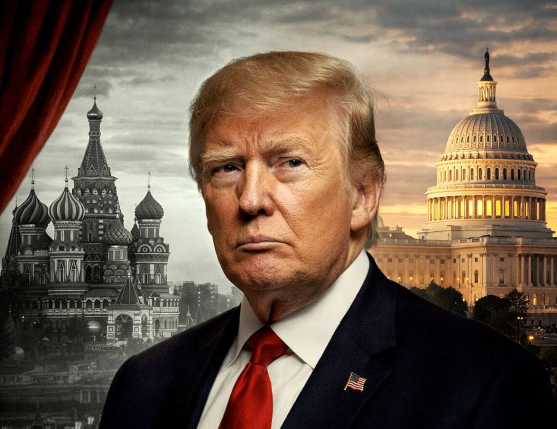 Donaldas Trampas Maskvos ir Niujorko bokštų fone