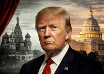 Donaldas Trampas Maskvos ir Niujorko bokštų fone