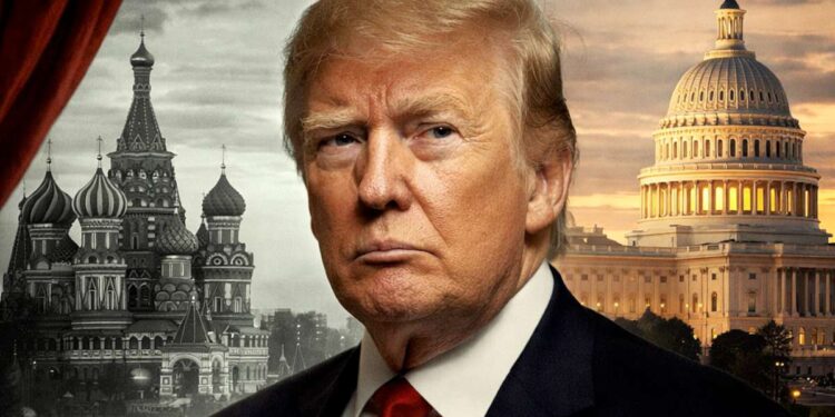 Donaldas Trampas Maskvos ir Niujorko bokštų fone