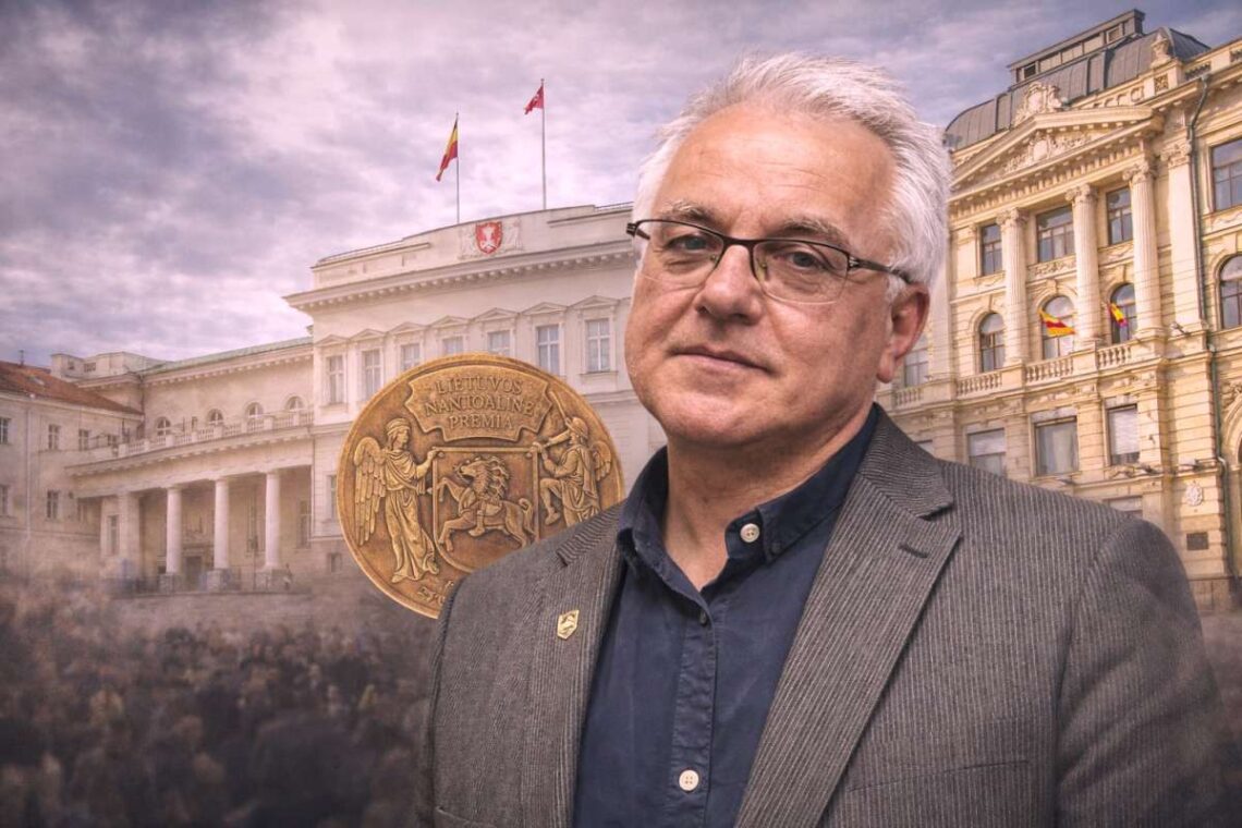 Jonas Vaiškūnas Nacionalinės filharmonijos, Prezidentūros ir Nacionalinės premijos medalio fone