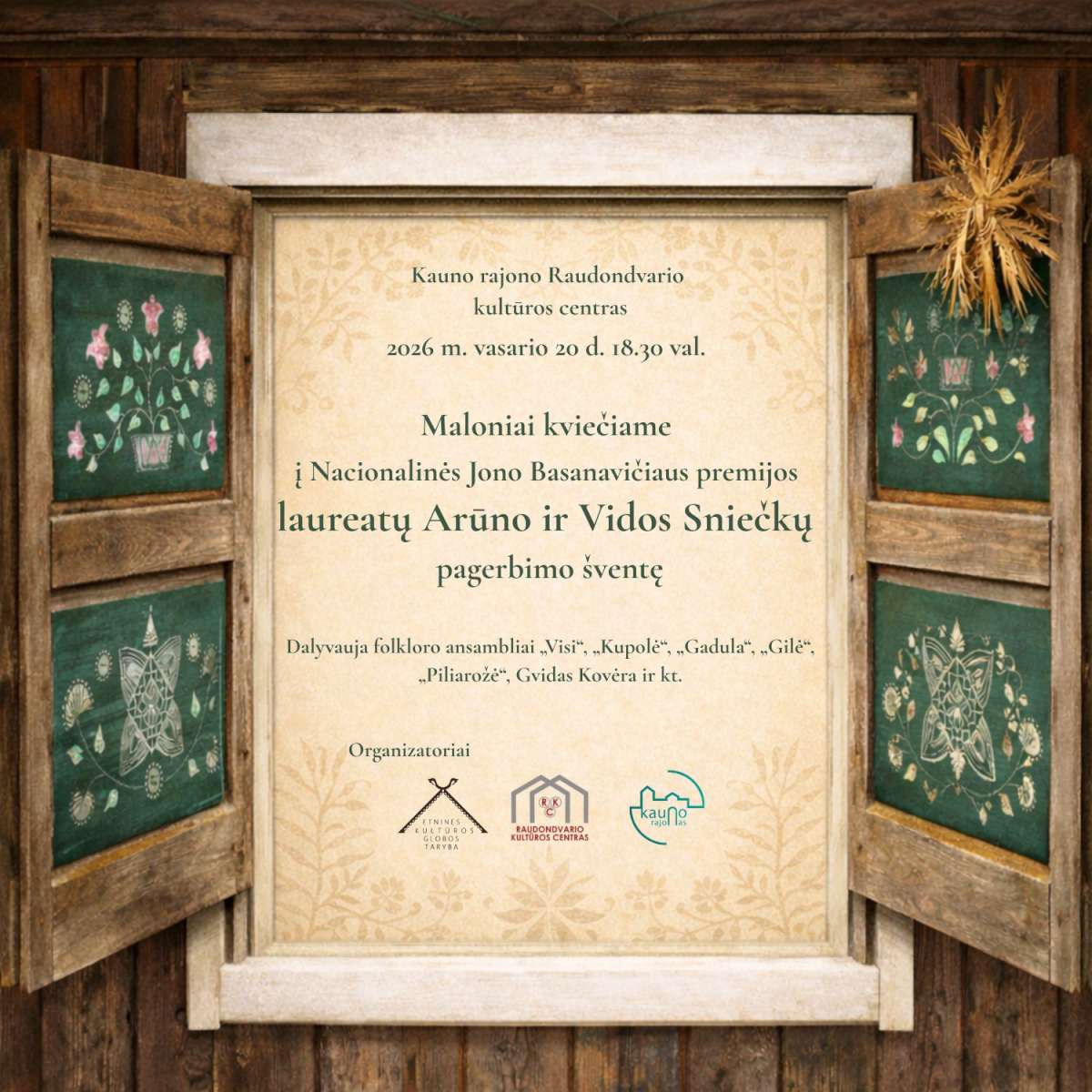 Kvietimas į 2025-ųjų metu Nacionalinės Jono Basanavičiaus premijos Laureatų pagerbimo šventę Raudondvario kultūros centre