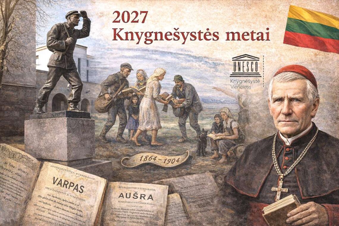 Knygnešio paminklas, Motiejus Valančius, o jų fone knygnešiai dalija knygas