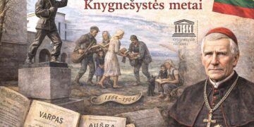 Knygnešio paminklas, Motiejus Valančius, o jų fone knygnešiai dalija knygas