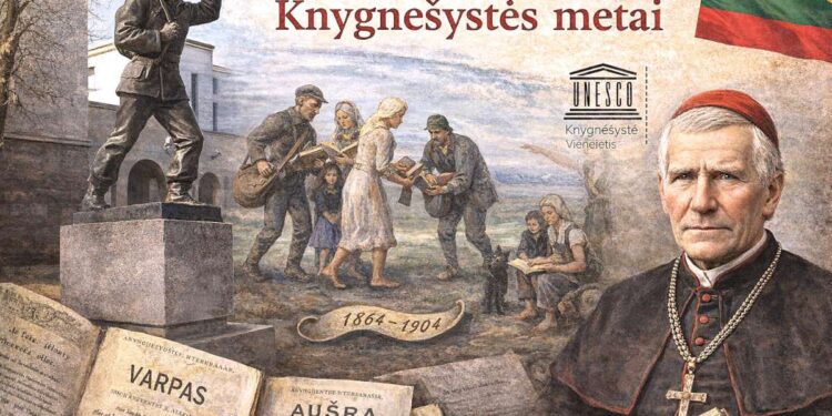 Knygnešio paminklas, Motiejus Valančius, o jų fone knygnešiai dalija knygas