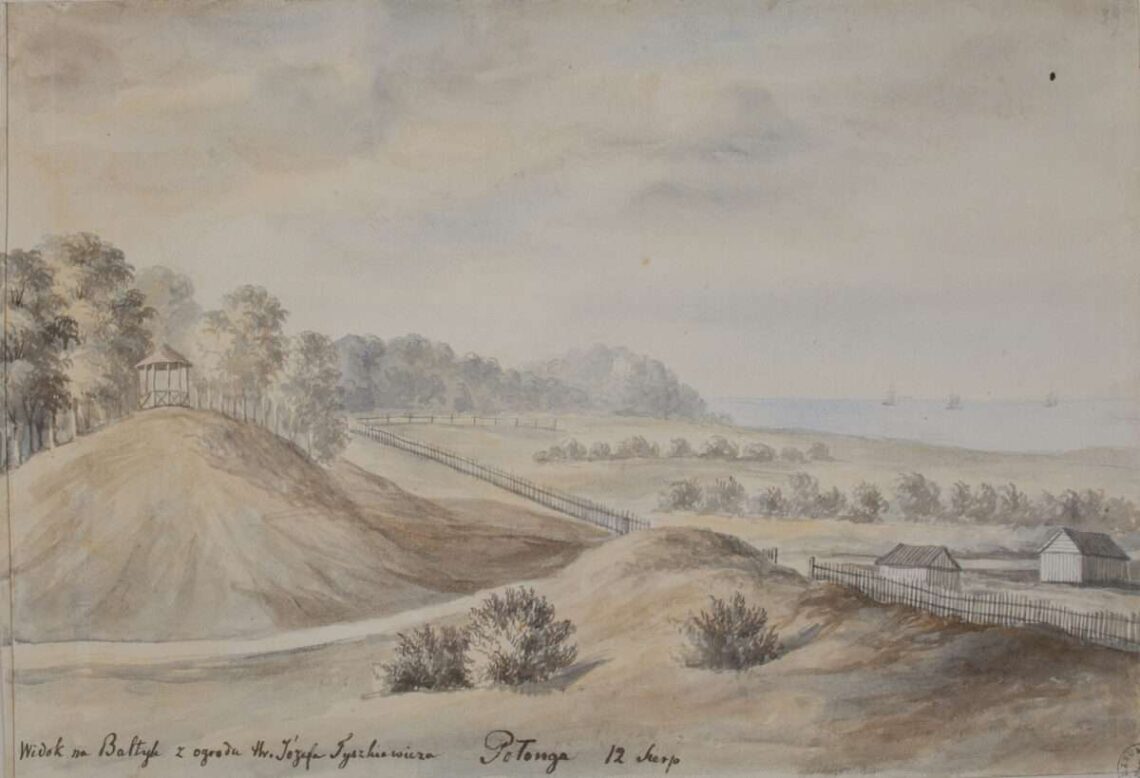 Napoleono Ordos Palangos vaizdas akvarelėje, kurios kitoje pusėje – Silvestro Valiūno eilės