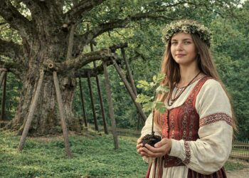 Mergina su tautiniais drabužiais laiko ąžuolo sodinuką Stelmužės ąžuolo fone