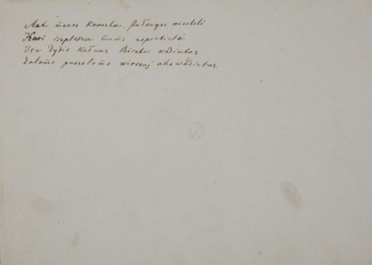 Silvestro Valiūno baladės „Birutė“ eilės ant Napoleono Ordos akvarelės kitos pusės 