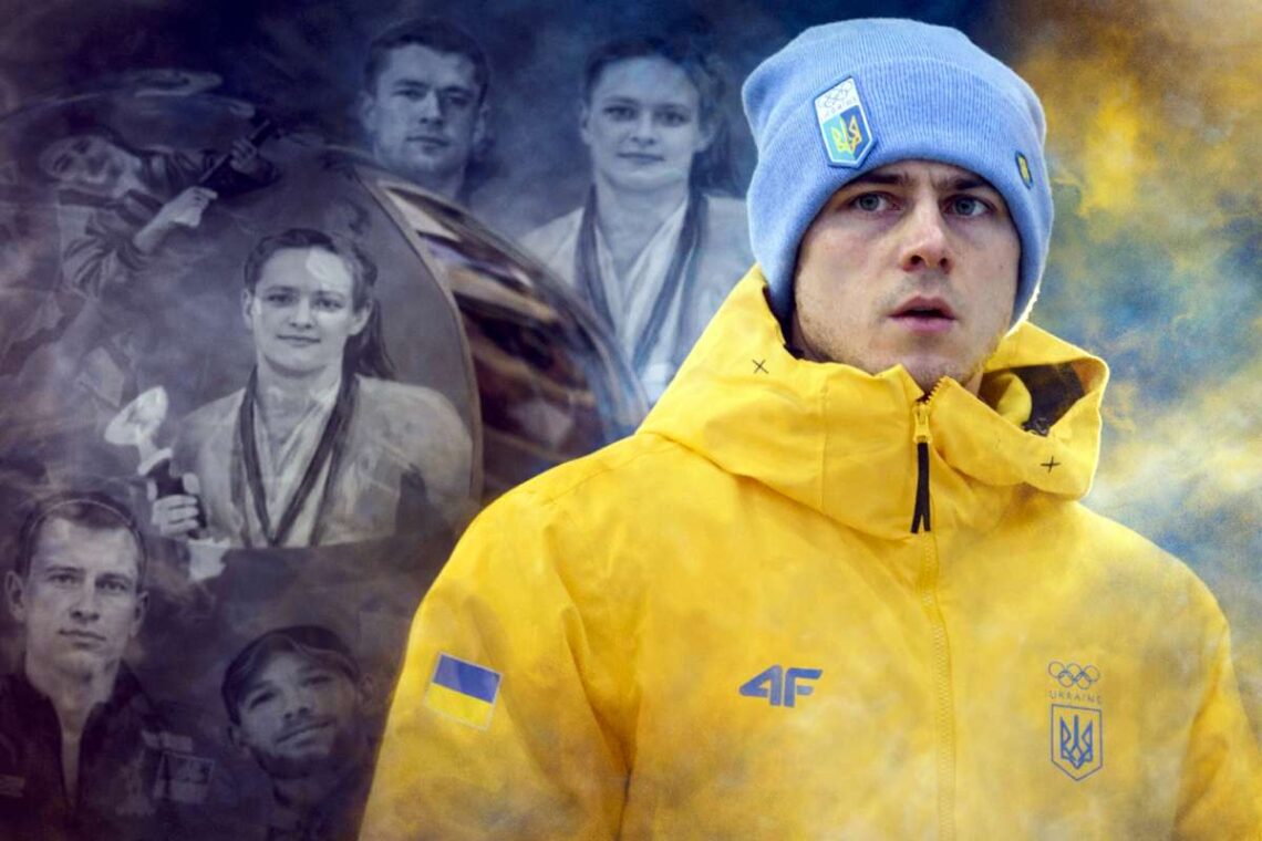 Vladyslavas Heraskevycius ir jo šalmo žuvusiųjų sportininkų atvaizdai