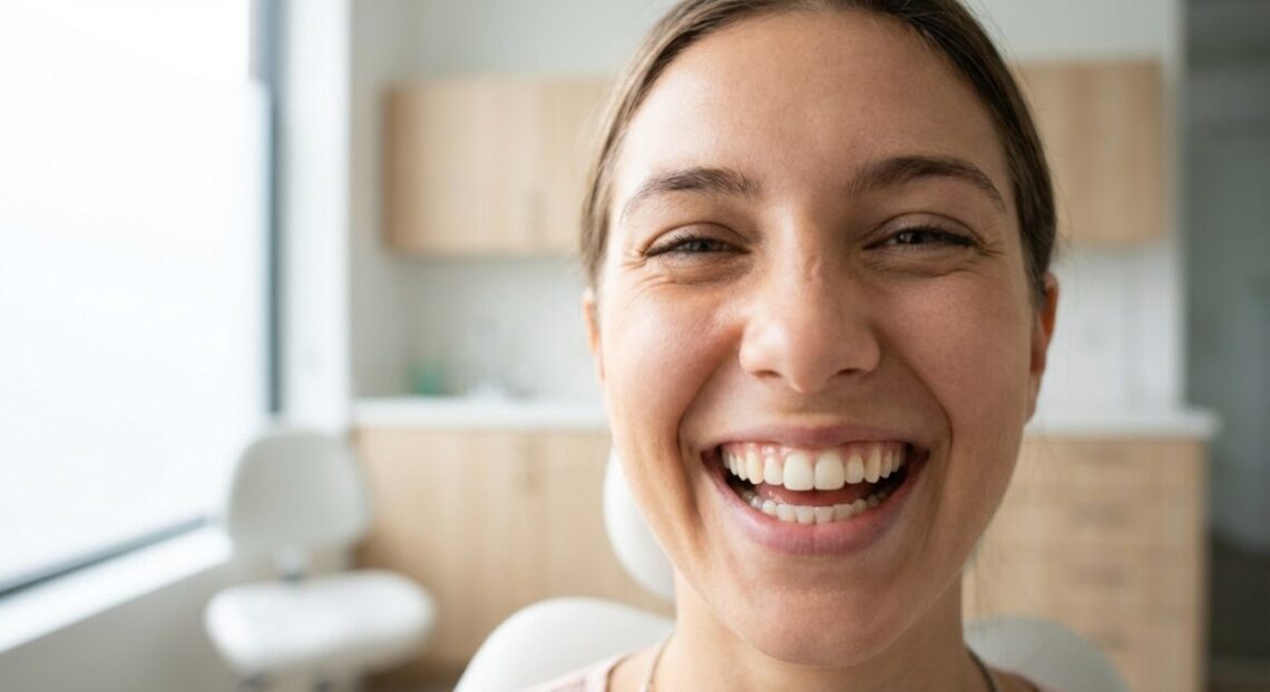 Besišypsanti mergina sveikais dantimis