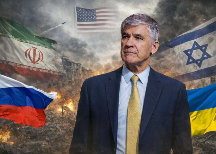 Alvydas Medalinskas karo ugnių ir kariaujančių valstybių (Irano, Izraelio, JAV, Rusijos, Ukrainos) vėliavų fone