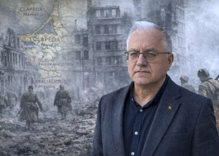 Jonas Vaiškūnas sugriauto Karaliaučiaus fone