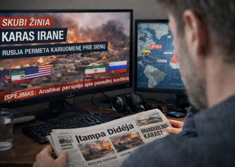 Vyras prie kompiuterio stebi žiniasklaidos pranešimus apie karą Irane ir Rusijos karinius veiksmus