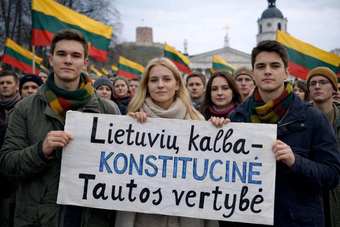 Jaunimas laiko plakatą: Lietuvių kalba – Konstitucinė vertybė