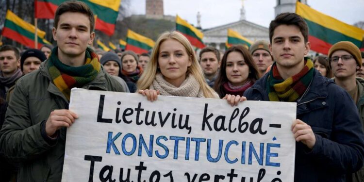 Jaunimas laiko plakatą: Lietuvių kalba – Konstitucinė vertybė