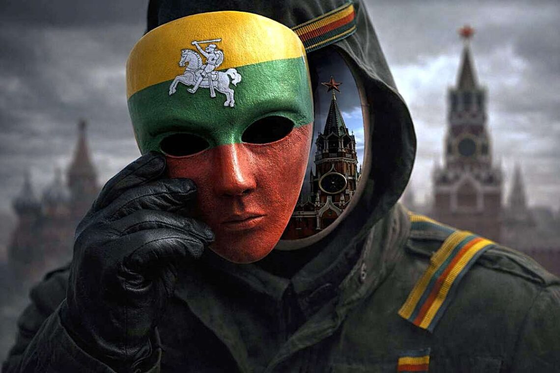 Patriotas tautine kauke dengiantis Kremliaus vaizdą