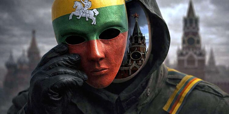 Patriotas tautine kauke dengiantis Kremliaus vaizdą