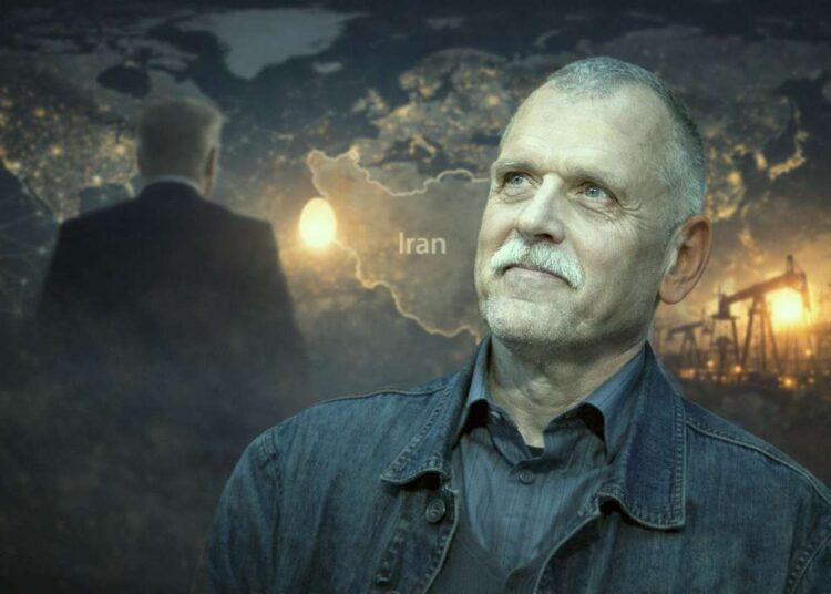 Vytautas Rubavičius simboliniame geopolitiniame fone su pasaulio žemėlapiu ir naftos gavybos vaizdiniais