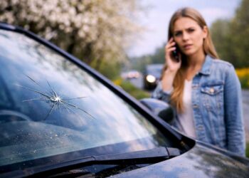 Mergina skambina pagalbos telefonu prie automobilio su įskilusiu langu