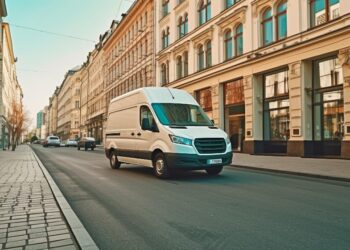 Krovininis mikroautobusas važiuoja gatve