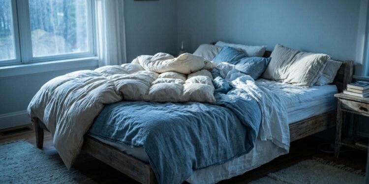 Lova su antklode miegamajame, simbolizuojanti miego temperatūros skirtumus