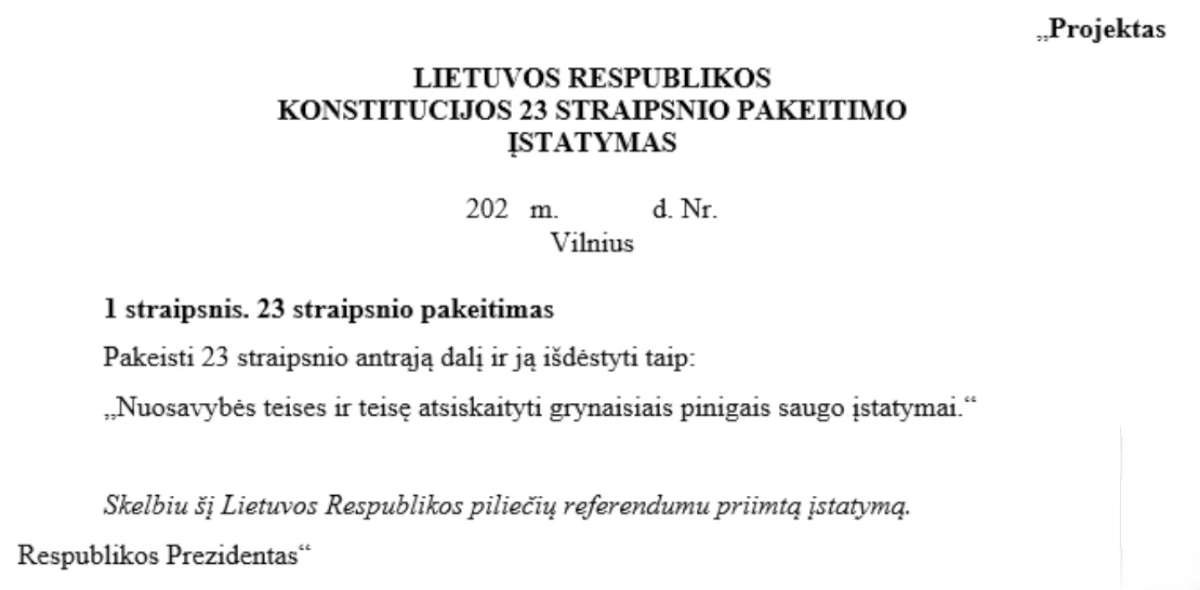 Referendume teikiamos Konstitucijos pataisos dėl grynųjų pinigų formuluotė 