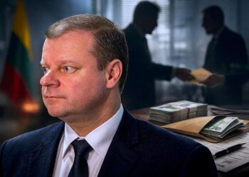 Saulius Skvernelis pirmame plane, fone – simboliškai vaizduojama korupcijos šešėlinė sistema