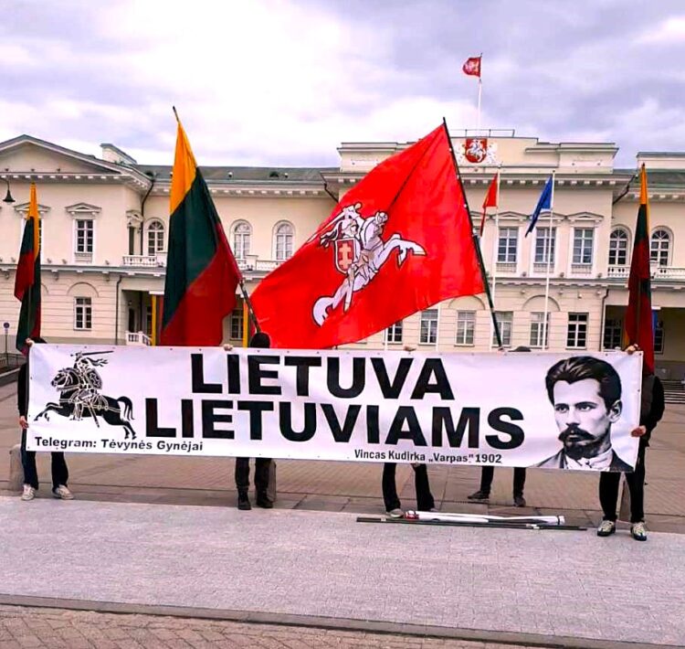 Patriotinio jaunimo grupė „Tėvynės gynėjai“ surengė patriotinę akciją prie Prezidentūros Daukanto aikštėje – iškėlė plakatą „Lietuva – lietuviams“