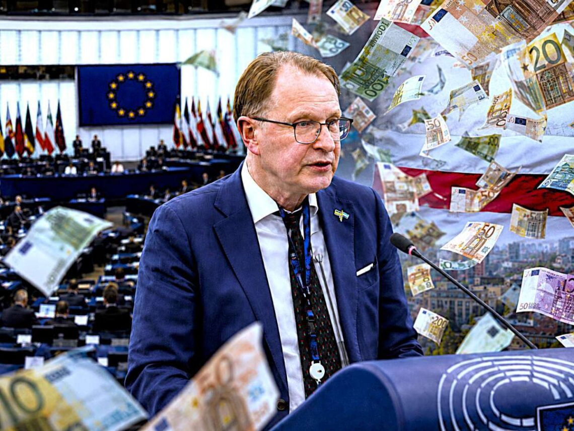 Dainius Žalimas Europos Parlamente, koliaže pavaizduoti byrantys eurai ir Baltarusijos opozicijos vėliavos spalvos