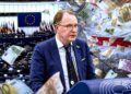 Dainius Žalimas Europos Parlamente, koliaže pavaizduoti byrantys eurai ir Baltarusijos opozicijos vėliavos spalvos