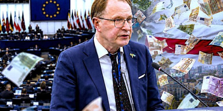 Dainius Žalimas Europos Parlamente, koliaže pavaizduoti byrantys eurai ir Baltarusijos opozicijos vėliavos spalvos