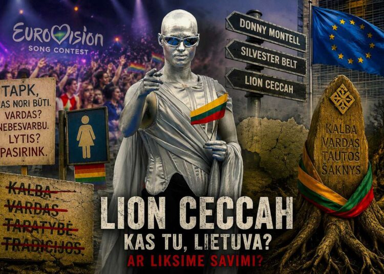 Sidabru nudažytas sceninis personažas su Lietuvos vėliava minioje – simbolinis lietuviškos tapatybės ir globalistinės kultūros susidūrimo vaizdinys