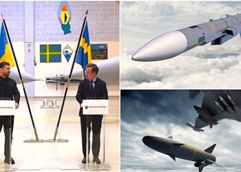 Ukrainos ir Švedijos atstovai prie naikintuvų Gripen bei raketos Meteor iliustracija