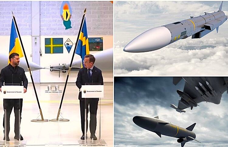 Ukrainos ir Švedijos atstovai prie naikintuvų Gripen bei raketos Meteor iliustracija
