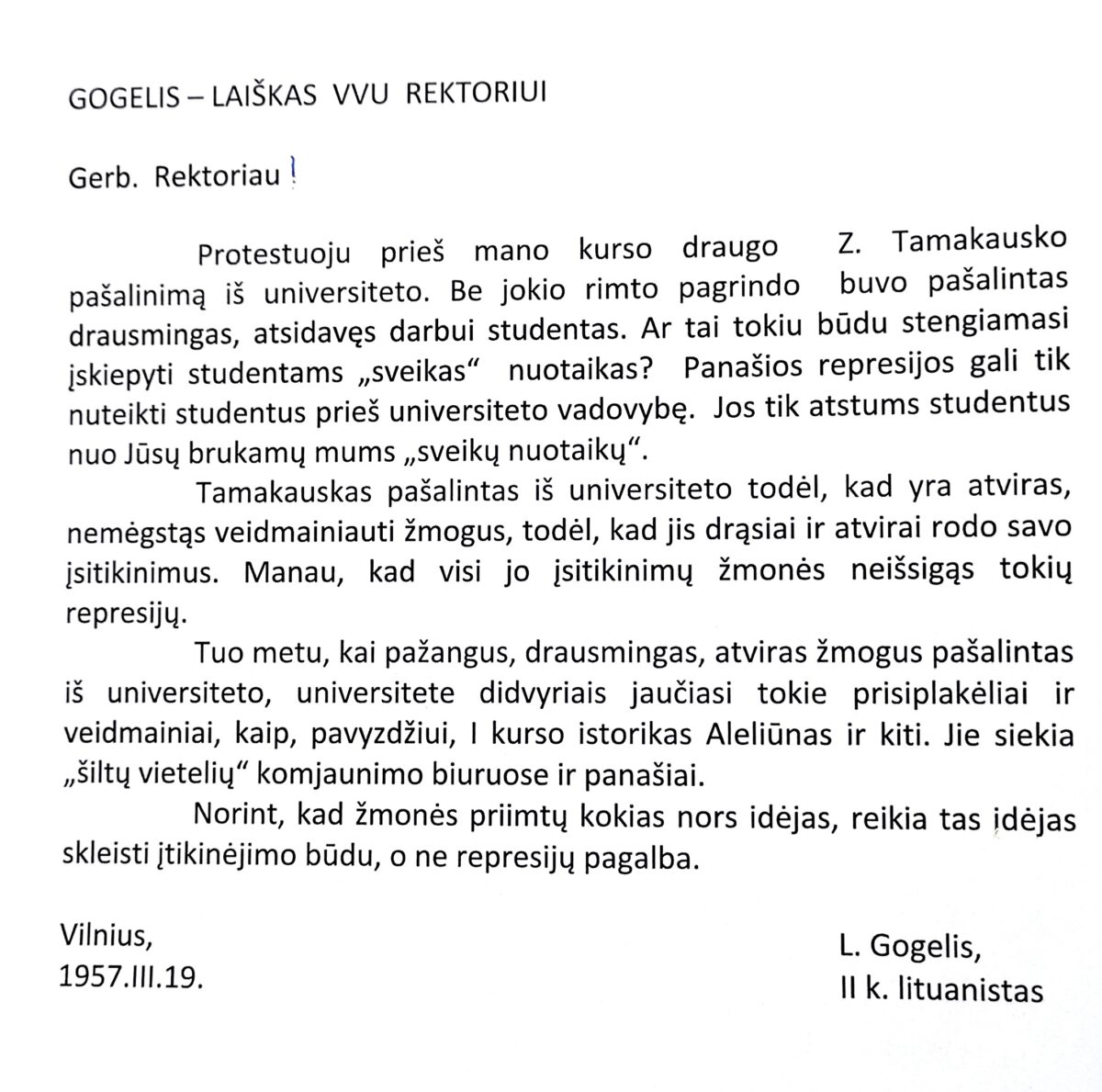 3.Leonardo Gogelio laiškas Vilniaus universiteto rektoriui. Vilnius, 1957 m. kovo 19 d. 