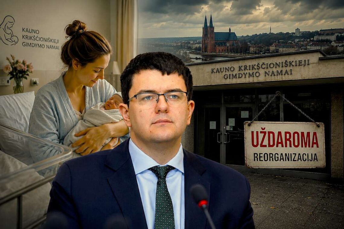Vytautas Sinica gimdymo namų uždarymo temos koliaže su motina ir naujagimiu bei Kauno Krikščioniškųjų gimdymo namų pastatu
