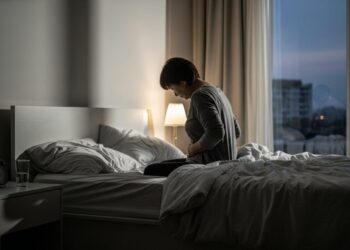 Moteris sėdinti ant lovos ir jaučianti pilvo skausmą