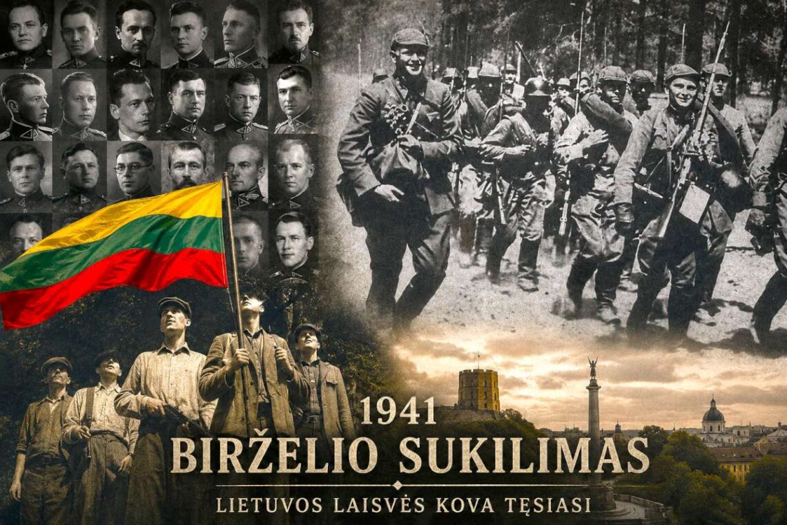 1941 metų Birželio sukilimo dalyvių atminimą simbolizuojanti Lietuvos trispalvė ir sukilėlių kovos vaizdinys