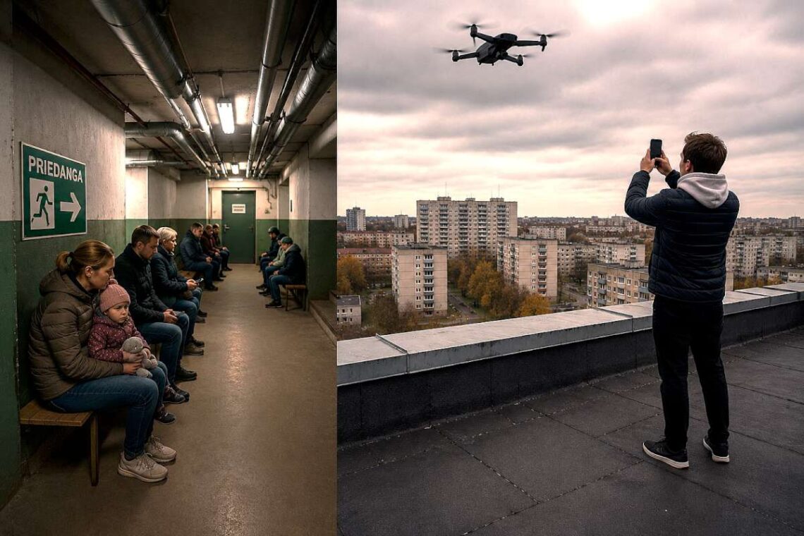 Žmonės priedangoje ir vyras ant stogo filmuojantis virš miesto skrendantį droną
